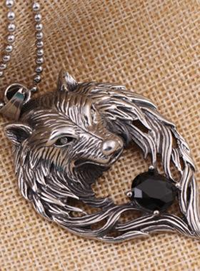 欧美Ins朋克风 潮男嘻哈霸气狼头镶钻个性钛钢吊坠项链 复古时尚