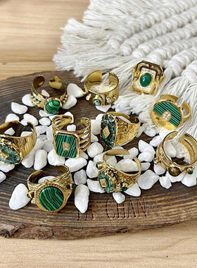 欧美网红天然石开口钛钢戒指不掉色非洲松孔雀石小众手饰跨境