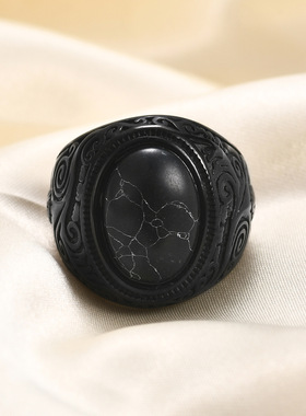 亚马逊Wish热卖欧美不锈钢个性复古宫廷绿松石裂纹钛钢戒指指环女