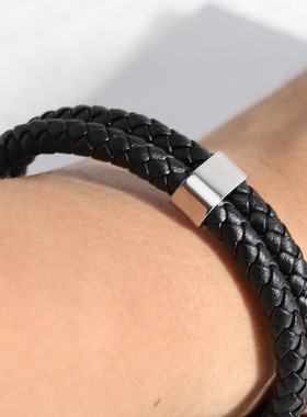 欧美简约百搭男双层皮绳钩扣手链女新款个性不锈钢手镯可激光Logo
