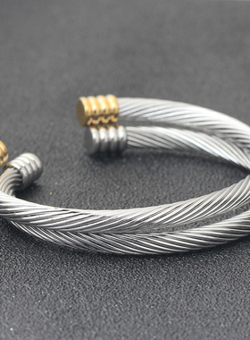 欧美跨境简约流行编织电缆线时尚18K金双色百搭手镯钛钢手环