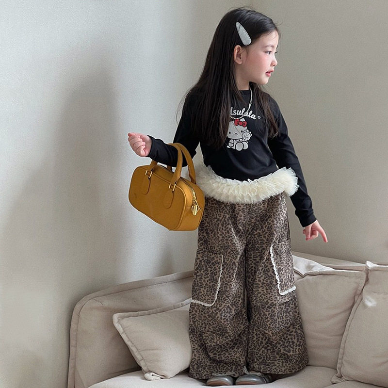 GLP KISS韩式童装26春季女童洋气KT猫拼接网纱长袖T恤豹纹阔腿裤,淘宝优惠券,粉丝福利购,淘宝优惠卷