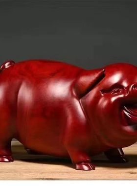 绿色实木质雕刻一对猪摆件三合十