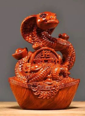 绿色实木十二生肖蛇摆件动物实木