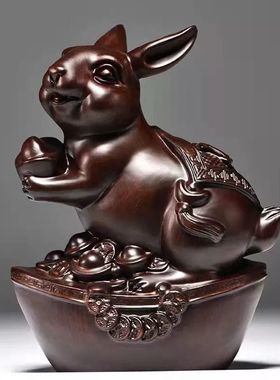 绿色木质雕福兔子摆件实木十二生