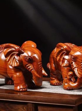 实木大象摆件一对黑檀木雕刻吸水