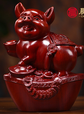 花梨木雕红色十二生肖摆件一套实