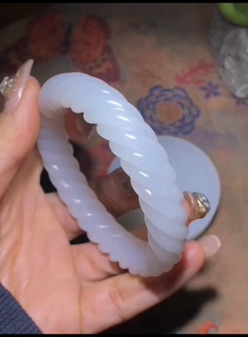 天然高品新疆和田玉籽料麻花绞丝手镯一级白56mm正品证书全国复检