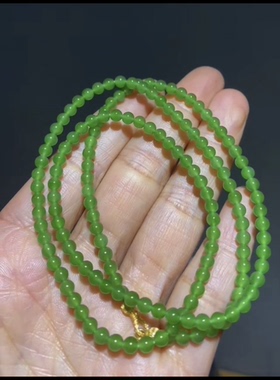 品质超赞的和田玉碧玉项链 可做手链 冰底阳绿无黑点颗颗精选 4mm