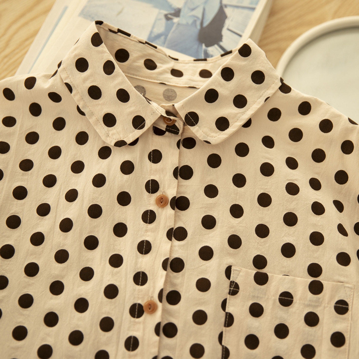 甜卷羊 春新法式复古纯棉波点打底衬衫女长袖宽松显瘦娃娃领衬衫,淘宝优惠券,粉丝福利购,淘宝优惠卷