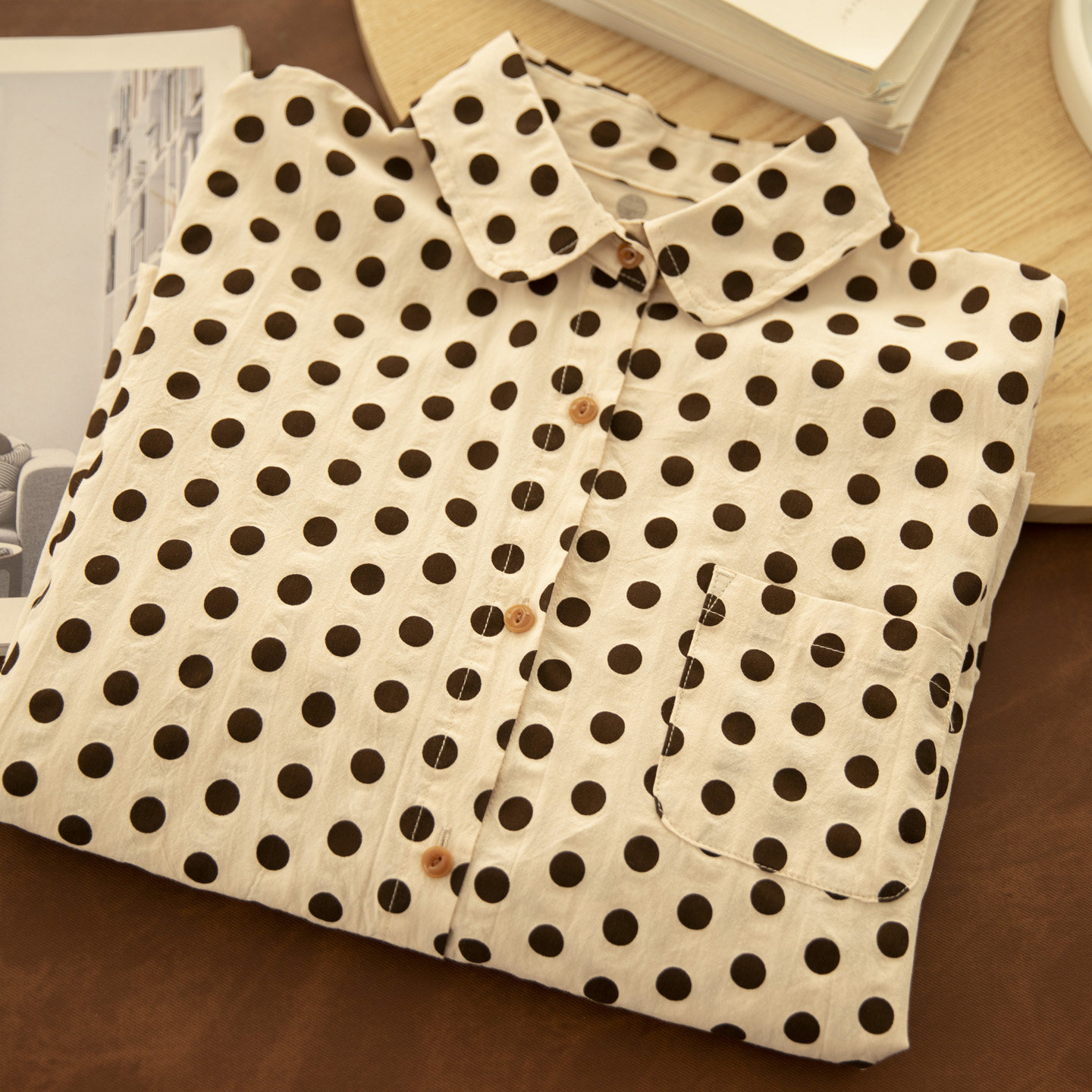 甜卷羊 春新法式复古纯棉波点打底衬衫女长袖宽松显瘦娃娃领衬衫,淘宝优惠券,粉丝福利购,淘宝优惠卷