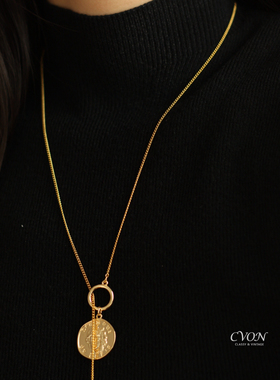 CVON 复古毛衣链长款项链女金币金色圆牌人像欧美高级感秋冬颈链