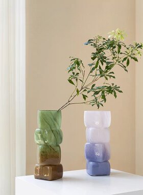 中古玻璃花瓶轻奢高级感艺术渐变小众水培插花客厅餐桌装饰品摆件