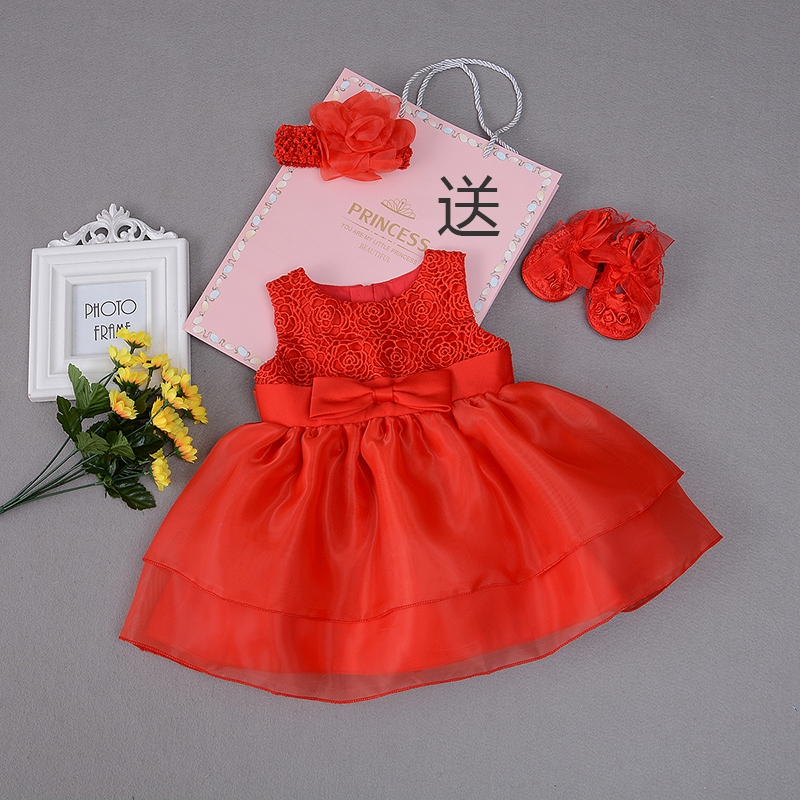 新嬰幼兒連衣裙子寶寶百天禮服女1週歲公主裙 夏小孩生日紅色衣服