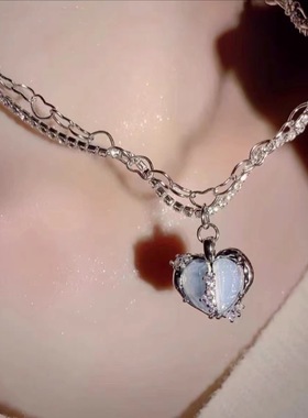 千亿少女#蛋白奶蓝分裂爱心微镶小众设计感项链女气质高级锁骨链