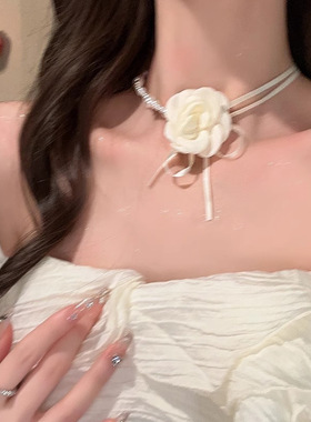 【千亿少女】山茶花珍珠拼接项链女小众choker花朵锁骨链纯欲颈链