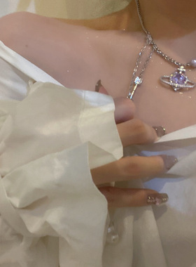 千亿少女#浪漫宇宙爱心锆石星球紫色珍珠项链小众梦幻甜酷颈链女