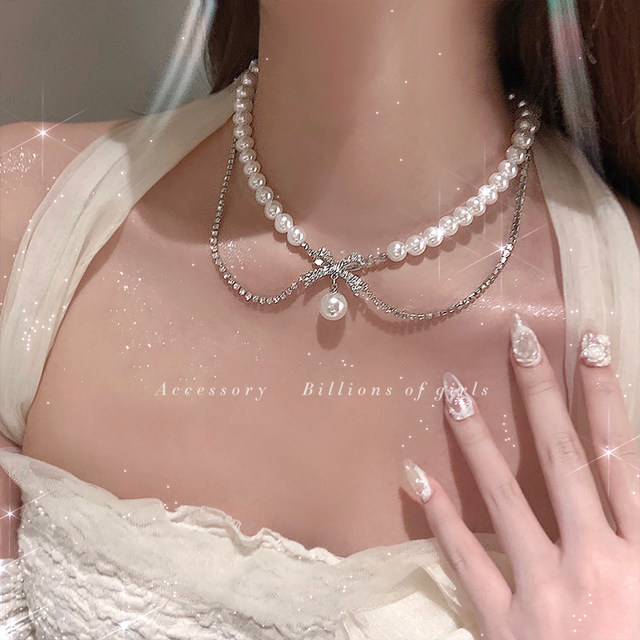 Flash diamond bow pearl necklace women's design cold style choker necklace clavicle chain