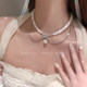 Flash diamond bow pearl necklace women's design cold style choker necklace clavicle chain