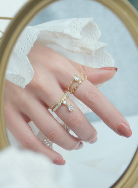 千亿少女#设计感双层水滴交叉椭圆形锆石法式复古开口戒指女指环