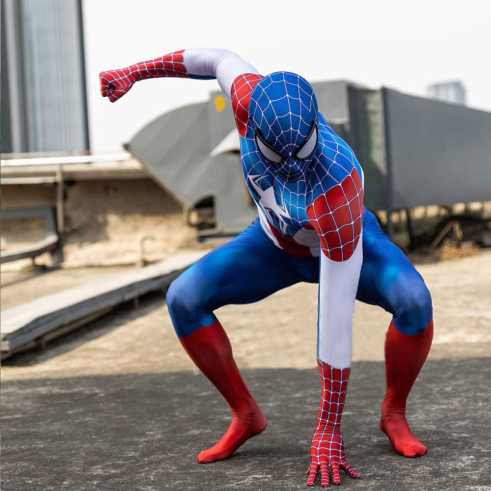 男款美国队长蜘蛛侠合体版连体紧身衣Spiderman Cosplay扮演服 - 图1