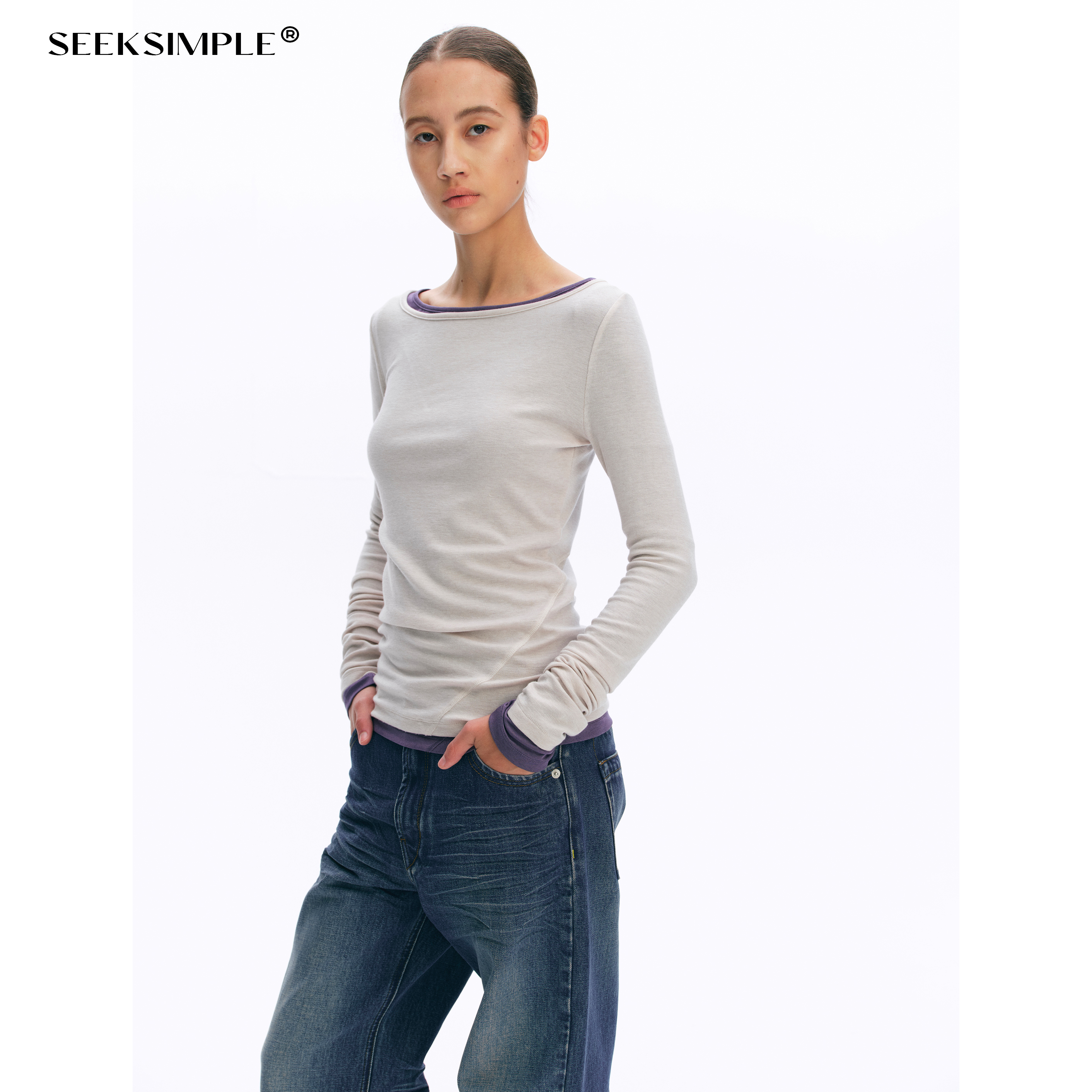 SEEKSIMPLE 羊毛混纺船领分割线长袖T恤女秋季宽松显瘦打底上衣 - 图2