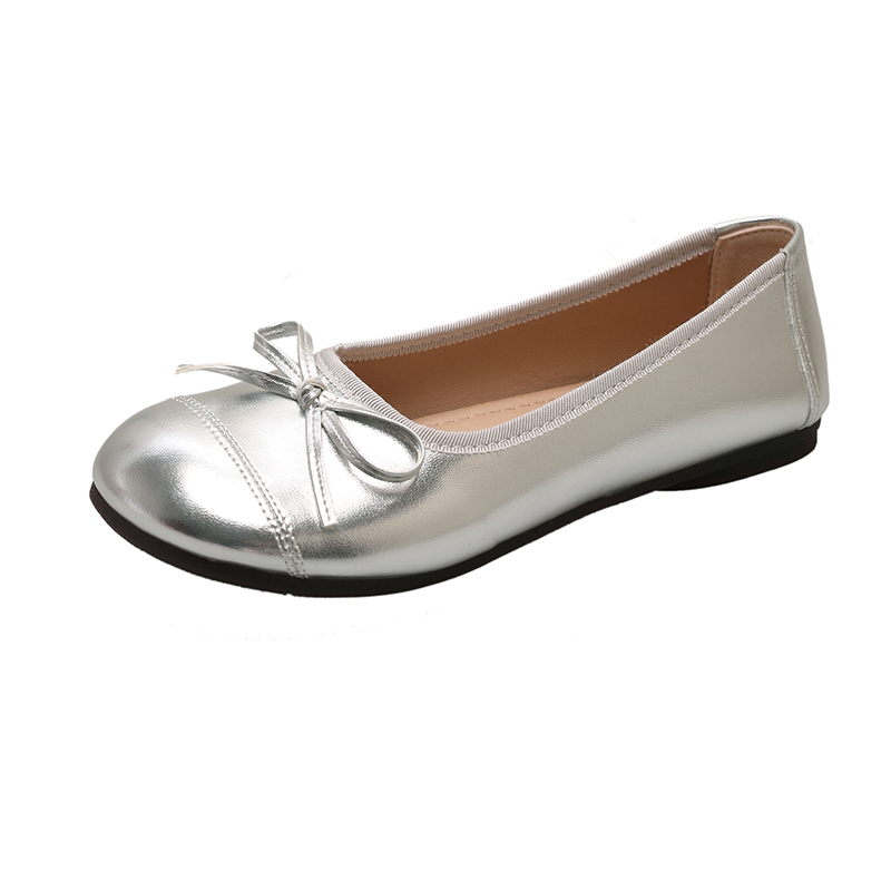 银色单鞋女2024新款法式芭蕾平底玛丽珍女鞋软底一脚蹬奶奶鞋皮鞋