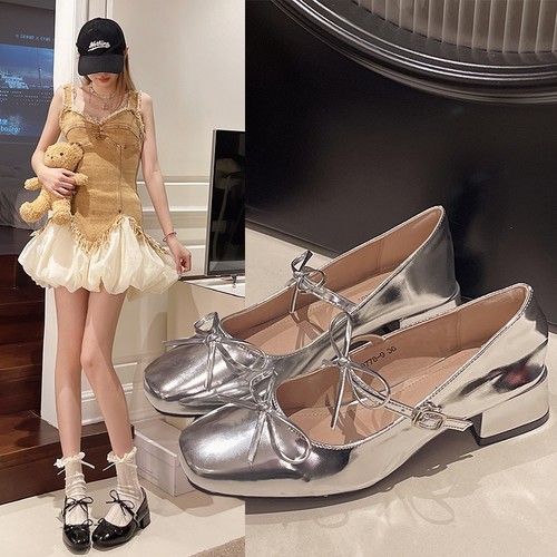 银色法式芭蕾玛丽珍女鞋单鞋女粗跟高跟鞋百搭气质配裙子小皮鞋jk - 图0