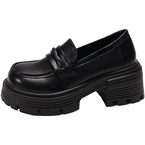 黑色单鞋女春秋新款乐福小皮鞋小个子松糕女鞋粗跟英伦风厚底鞋子 - 图3