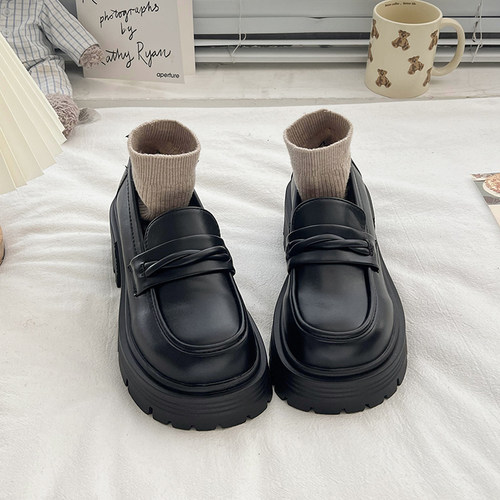 黑色单鞋女春秋新款乐福小皮鞋小个子松糕女鞋粗跟英伦风厚底鞋子 - 图0