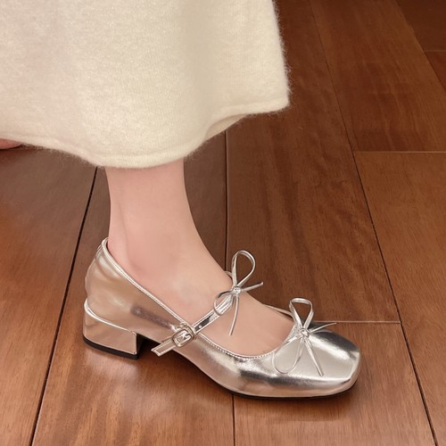 银色法式芭蕾玛丽珍女鞋单鞋女粗跟高跟鞋百搭气质配裙子小皮鞋jk - 图1