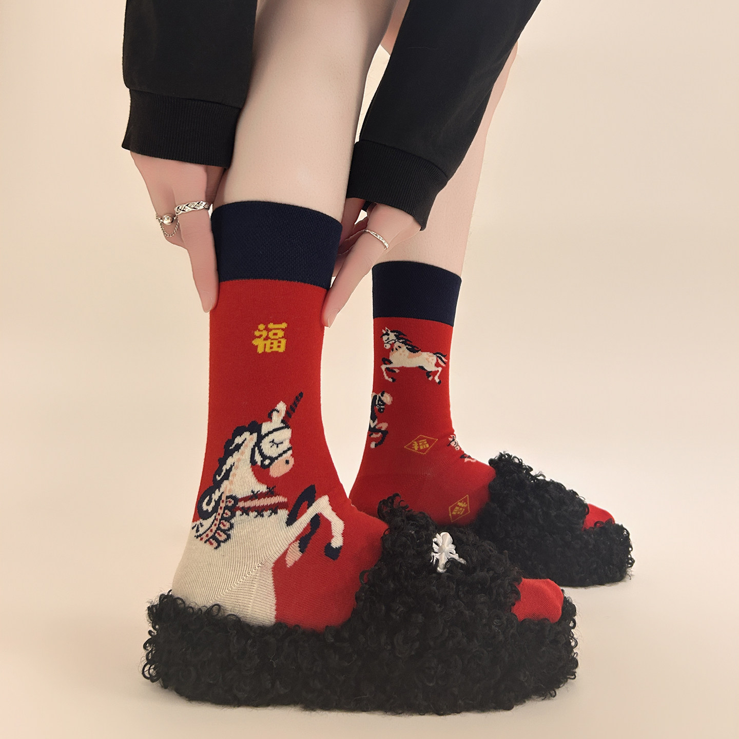 【5双装】不对称设计2026新年马年AB袜子红色男女本命年中筒棉袜,淘宝优惠券,粉丝福利购,淘宝优惠卷