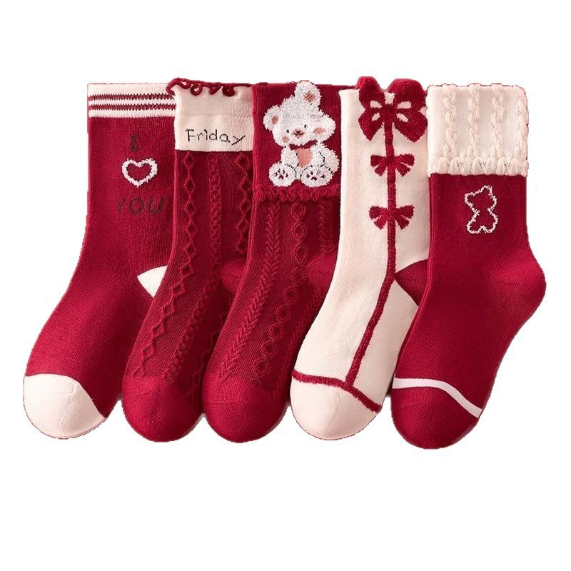 【新品】喜庆红色儿童袜子学生新年卡通春秋款女童女宝宝中筒包邮