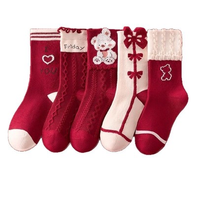 【新品】喜庆红色儿童袜子学生新年卡通春秋款女童女宝宝中筒包邮