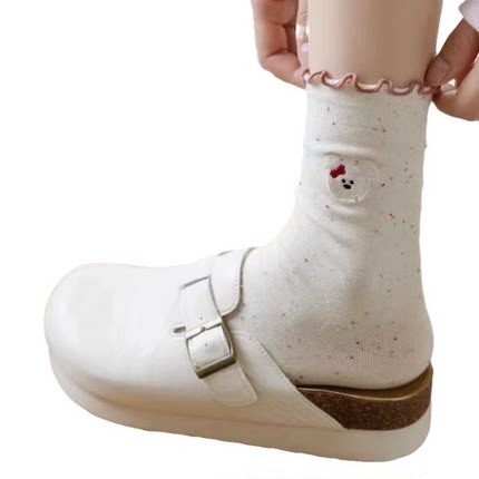 春秋冬新品袜子日系卡通小熊点子纱女中筒袜百搭学院风棉质女长袜