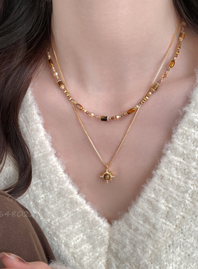 美拉德虎眼石太阳花项链秋冬复古