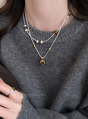 天然虎眼石吊坠拼色串珠项链女