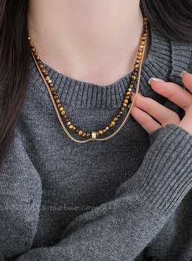 美拉德虎眼石串珠叠戴项链女