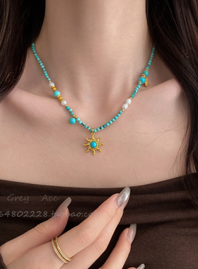 高奢松石色串珠太阳花项链女小众精致轻奢高级感新中式复古锁骨链