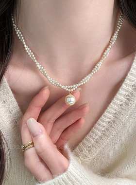 双层缠绕珍珠吊坠锁骨链女