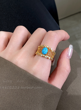 复古中古轻奢风金花朵镂空戒指女
