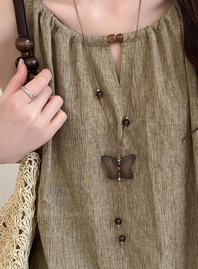 木质长款项链女民族风挂脖毛衣链