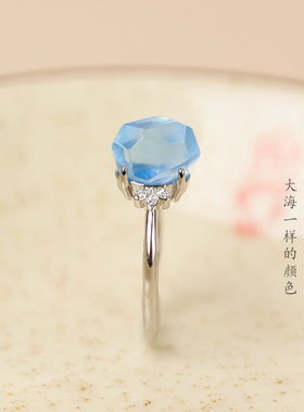 天然冰种海蓝宝刻面冰糖果戒指