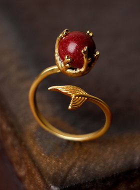 保真朱砂原创海豚尾戒指开运