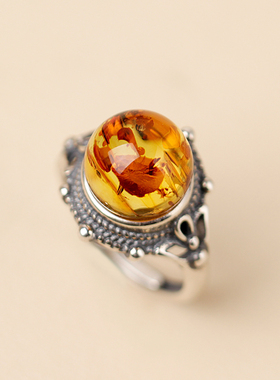 天然圆珠金珀戒指金琥珀蜜蜡转运珠意境花瓣冰透欧皇冠式招财银