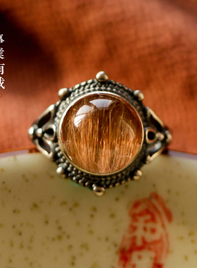 天然金兔毛发晶招财聚宝戒指
