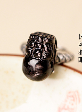 招财貔貅金运石复古银戒指