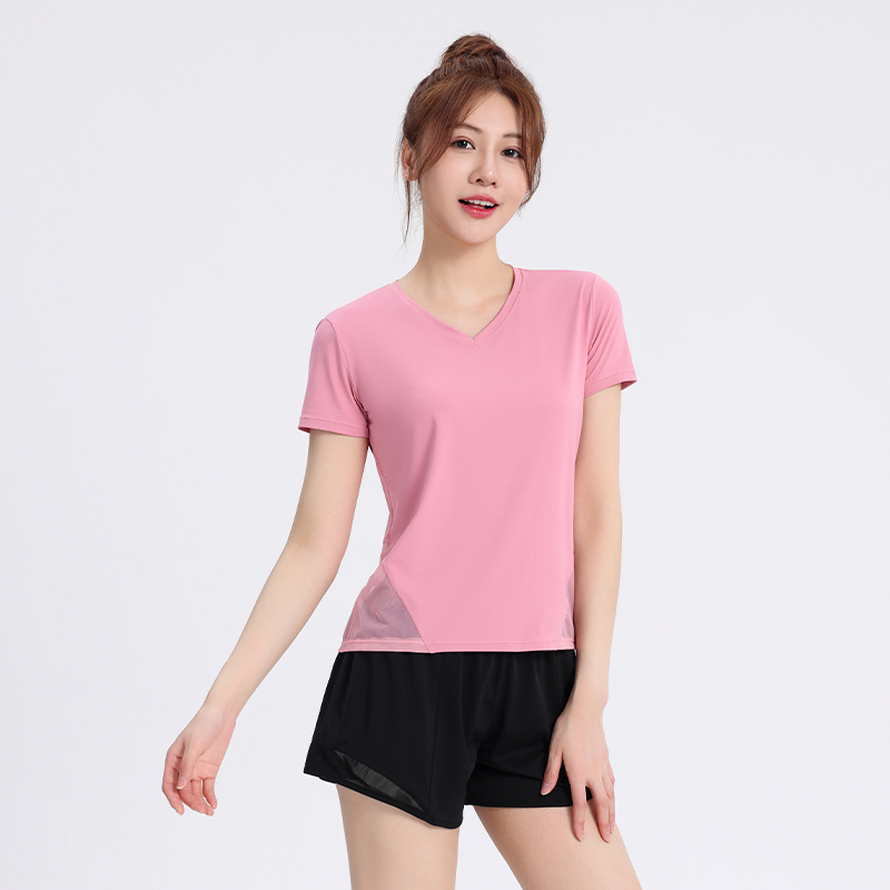 速干运动套装女短袖网纱弹力透气瑜伽服健身夜跑跑步短裤可放手机