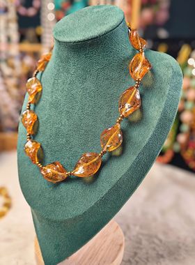 「非遗原创」复古咖金色金沙叶子油画琉璃项链女锁骨6544 特价79