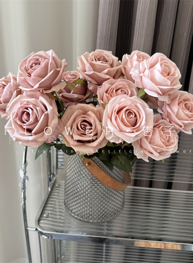 美式风7头玫瑰花仿真花油画玫瑰豆粉色餐桌摆件卡罗拉玫瑰花摄影